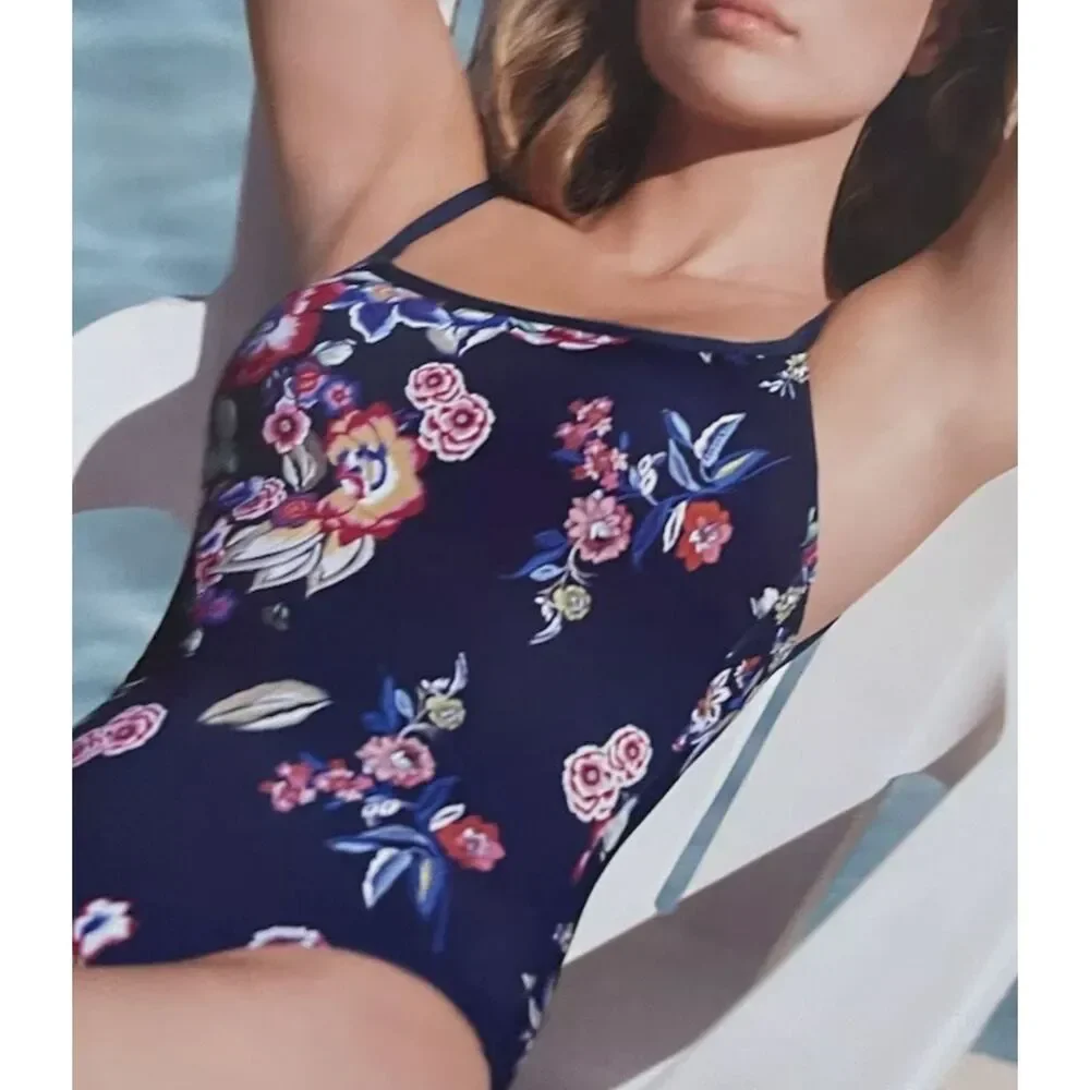 ~ Johnny Was Lg Swimsuit 1-Piece Navy Floral Tank Lace-Back Strappy Large 10/12 - Picture 2 of 16